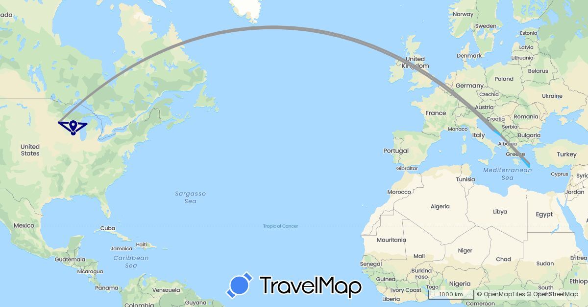 TravelMap itinerary: driving, plane, boat in Greece, Croatia, United States (Europe, North America)